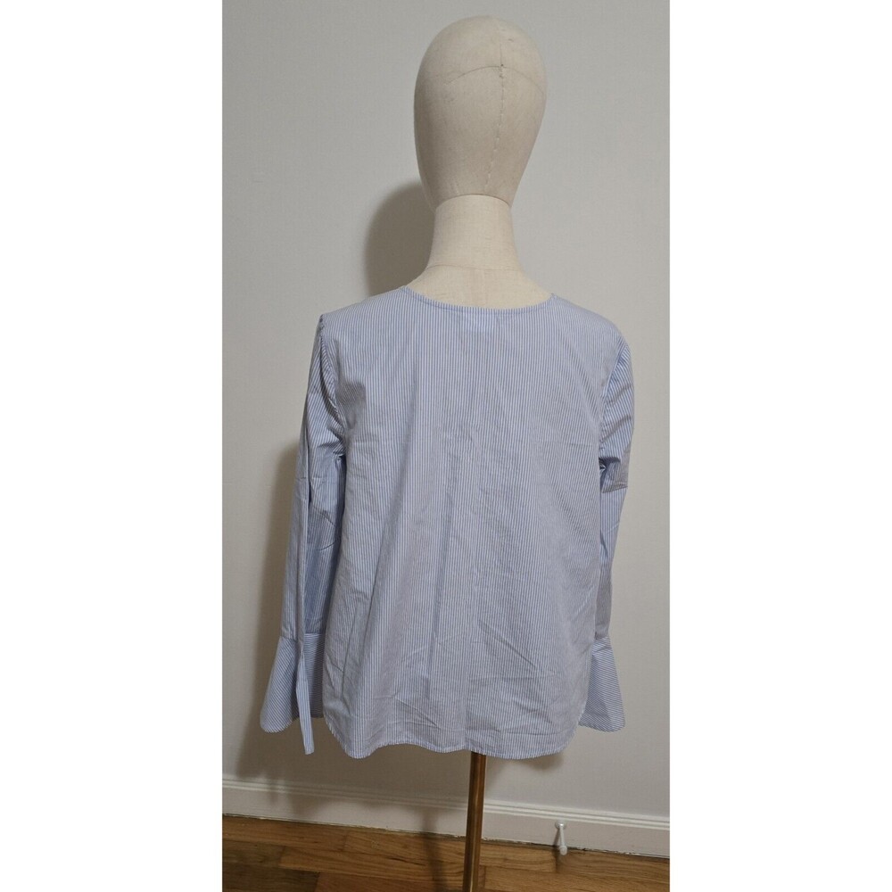 Women's SMALL Flare Sleeve V-Neck Blouse Top Shirt Blue & White Pin Stripes EUC - Picture 3 of 16